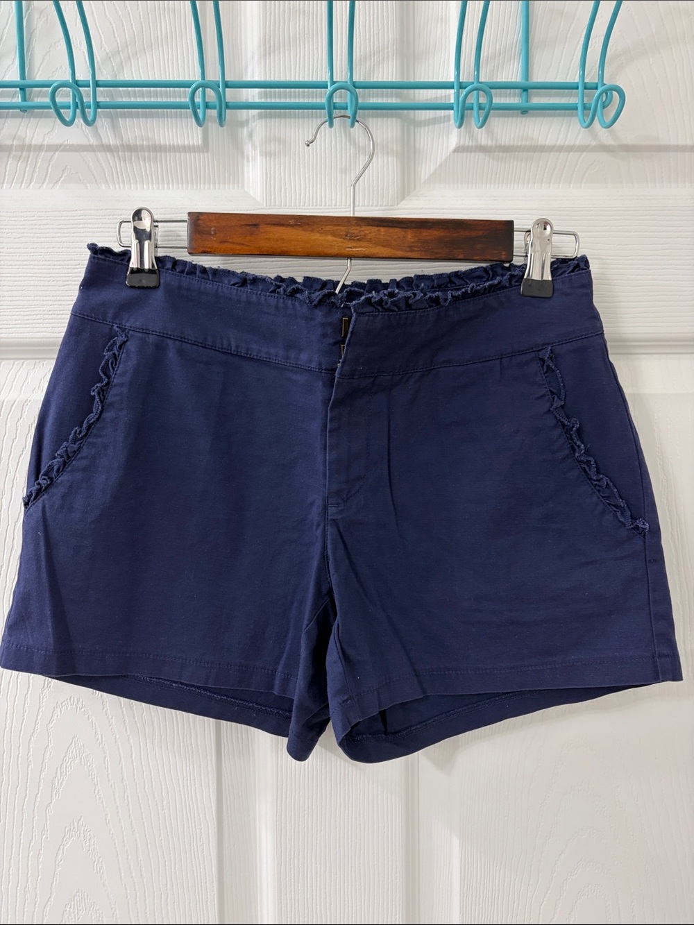 Maison Jules Navy High-Waist Ruffle-Trim Shorts